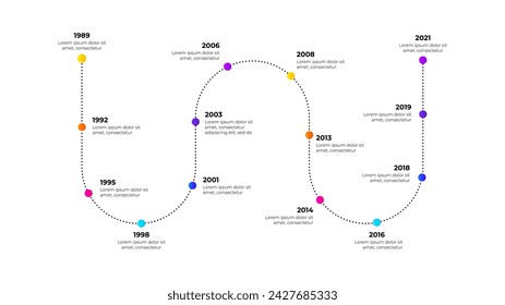 Zigzag timeline with 14 circle elements and year indication. Illustration for company's annual progress or development history visualization