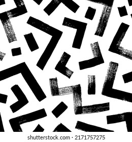 Zigzag and triangle vector seamless pattern. Hand drawn geometric brush strokes. Thick lines with scuffs. Abstract grunge zig zag lines texture, triangles and dashes. Mosaic and maze seamless pattern.