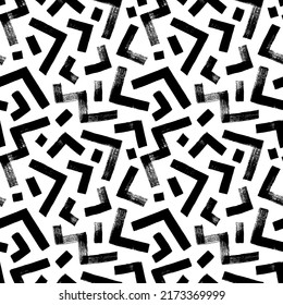 Zigzag and triangle vector seamless pattern. Hand drawn geometric brush strokes. Thick lines with scuffs. Abstract grunge zig zag lines texture, triangles and dashes. Mosaic and maze seamless pattern.
