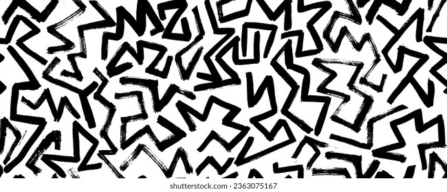 Zigzag and triangle vector seamless pattern. Hand drawn geometric brush strokes. Thick lines with scuffs. Abstract grunge zig zag lines texture, triangles and dashes. Mosaic and maze seamless pattern.