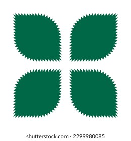 Zigzag hojas verdes de dos esquinas. Un grupo de 4 formas circulares con 2 esquinas cuadradas y bordes dentados. Aislado sobre un fondo blanco.