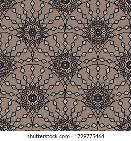Zigzag vector deco seamless pattern. Geometric abstract ornamental mandalas background. Creative bohemian design. Geometry zig zag lines, circles, rhombus.. Ornate ethnic tribal style chevron ornament