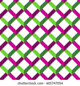 Zigzag vector stripes pattern green magenta colors. Checkered ornament colorful zigzag seamless with effect shadows.