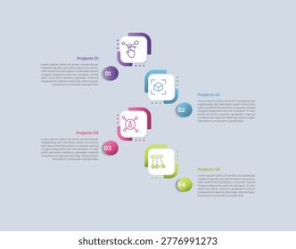 zigzag vertical timeline infographic with glossy gradient style with round square box on opposite list direction with four segment information vector