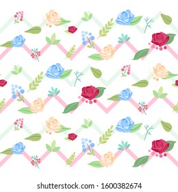 A zigzag wallpaper that is green and pink, several roses that are red, blue, cream, and green leaves.