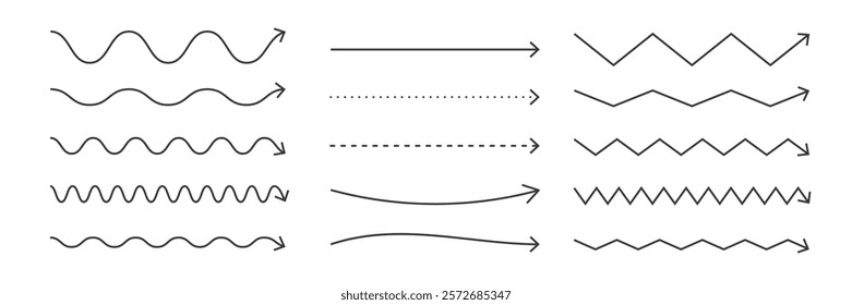 Zigzag and wave black arrows. Squiggle and dash arrows. Infographic elements. Vector illustration