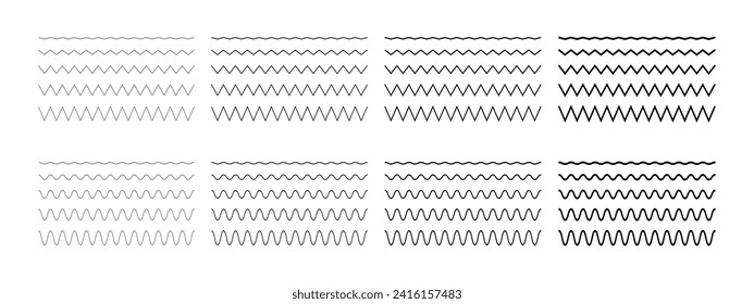 Zigzag and wave horizontal lines of different thickness. Set of simple jagged and undulate borders. Sinus, water, fluid, air or wind symbols isolated on white background. Vector outline illustration.