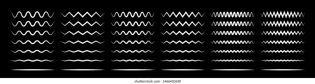 Zigzag wave line patterns, smooth end squiggly horizontal white lines. Vector curvy underlines on black background