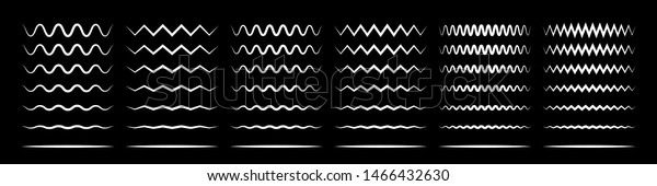 Zigzag wave\
line patterns, smooth end squiggly horizontal white lines. Vector\
curvy underlines on black\
background