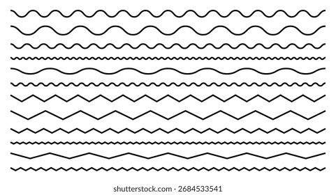Línea de onda en zigzag. Ondulando las rayas curvas. Conjunto de patrones corrugados de Vector.