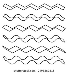 Zigzag y líneas ondulatorias. Conjunto de Vector blanco y negro. Patrones geométricos y ondulados. Fronteras Abstractas.