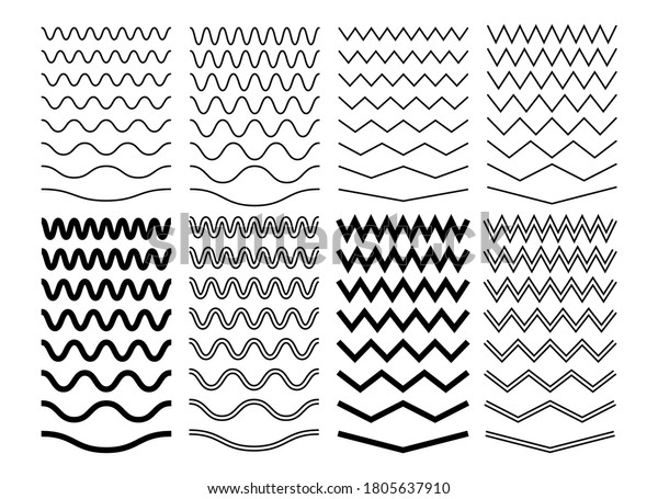 Zigzag wave lines. Geometric\
zig zag pattern, isolated curve borders. Wavy decoration divider,\
black curvature separator sine. Parallel graphic strokes vector\
set