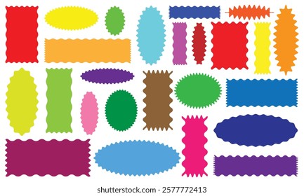 Zigzag Wavy Edge Rectangle, Oval, Circle Stickers Set. Vector Jagged Geometric Shapes. Abstract Elements for Frame, Stamp, Template, Promo Design, Web Design and Social Media, Vector eps 10.