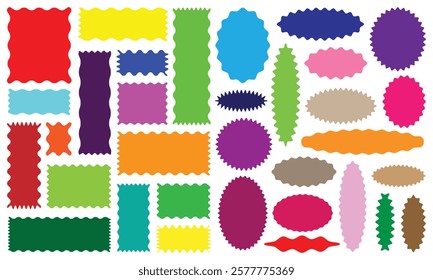 Zigzag Wavy Edge Rectangle, Oval, Circle Shapes Set. Vector Jagged Geometric Frame. Abstract Elements for Template, Stickers, Promo Design, Web Design and Social Media, Vector eps 10