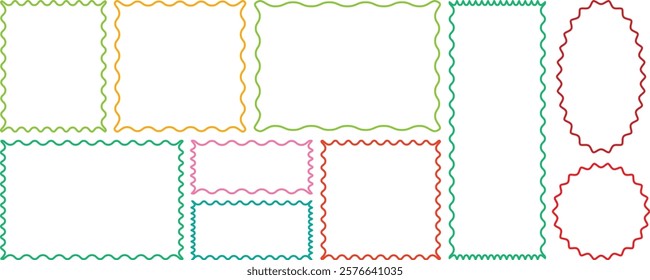 Zigzag wavy edges, psychedelic rectangles, photo frames, text boxes, labels. Wave and curvy borders. Cloudy wave frame vector set. Wavy scalloped doodle drawn style for decoration. Squiggle frames set