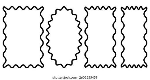  Zigzag and Wavy Geometric Shapes. Vector of Rectangle, Square and Oval  with Curve Edge. Zig Zag Shapes for Stickers, Badges, Posters, Chevron. fill and outline stroke.