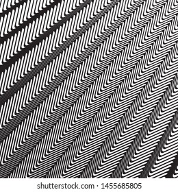 Zig-zag wavy lines. Optical art background. Wave design black and white. Digital image with a psychedelic stripes. Vector illustration