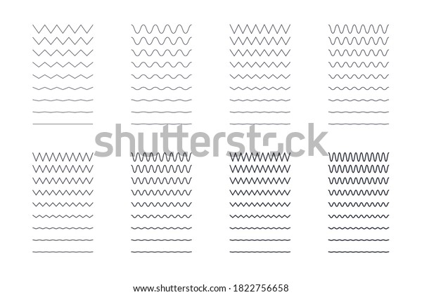 Zigzag wavy lines set. Editable stroke.\
Sharp and rounded seamless patterns of different thicknesses.\
Vector stock illustration on white\
background.