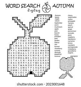 Zigzag Word Search Crossword. Apple With Leaf. Autumn. Words Go Right, Left, Down, Up, At Right Angles, Letter Used Only Once. Black, White Educational Activity Page. Worksheet. Game For Kids, Adults