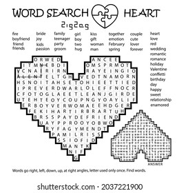 Zigzag Word Search Crossword. Heart. Love. Words Go Right, Left, Down, Up, At Right Angles, Letter Used Only Once. Black, White Educational Activity Page. Worksheet. Game For Kids, Adults