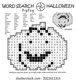 Zigzag Word Search Crossword Puzzle. Pumpkin. Halloween. Words Go Right, Left, Down, Up, At Right Angles, Letter Used Only Once. Black, White Education Activity Page. Worksheet. Game For Kids, Adults