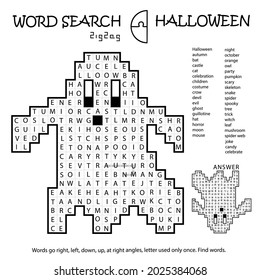 Zigzag Word Search Crossword Puzzle. Ghost. Halloween. Words Go Right, Left, Down, Up, At Right Angles, Letter Used Only Once. Black, White Educational Activity Page. Worksheet. Game For Kids, Adults