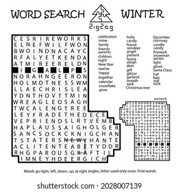 Zigzag Word Search Crossword Puzzle. Christmas Sock. Words Go Right, Left, Down, Up, At Right Angles, Letter Used Only Once. Black, White Educational Activity Page. Worksheet. Game For Kids, Adults