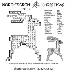 Zigzag Word Search Crossword Puzzle. Deer. Merry Christmas. Words Go Right, Left, Down, Up, At Right Angles, Letter Used Only Once. Educational Activity Page. Worksheet. Game For Kids, Adults