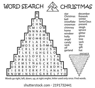 Zigzag Word Search Puzzle With Christmas Tree. Words Go Right, Left, Down, Up, At Right Angles, Letter Used Only Once. Find Words. Logic Game For Learning English. Worksheet For Kids, Adults.