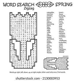 Zigzag Word Search Puzzle With Tulip. Spring. Words Go Right, Left, Down, Up, At Right Angles, Letter Used Only Once. Find Words. Logic Game For Learning English. Worksheet For Kids Or Adults.