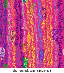 Zigzags vertical from lines an abstract texture in gray, pink, blue, yellow, green, beige and purple colors a seamless pattern on a pink background.