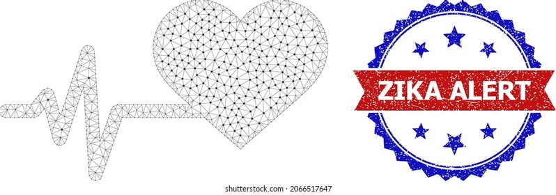Zika Alert rubber stamp seal, and heart pulse icon mesh structure. Red and blue bicolor stamp seal has Zika Alert caption inside ribbon and rosette. Abstract 2d mesh heart pulse,