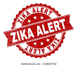 ZIKA ALERT seal print with corroded style. Rubber seal imitation has circle medal shape and contains ribbon. Red vector rubber print of ZIKA ALERT label with dust texture.