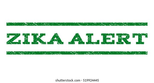 Zika Alert watermark stamp. Text caption between horizontal parallel lines with grunge design style. Rubber seal stamp with dust texture. Vector green color ink imprint on a white background.