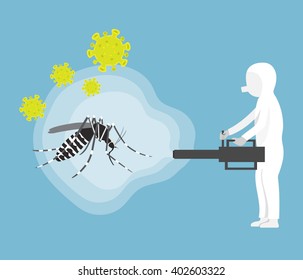 Zika / Dengue / chikungunya virus infection; prevention worker, mosquito, and virus infographic (Vector Design)