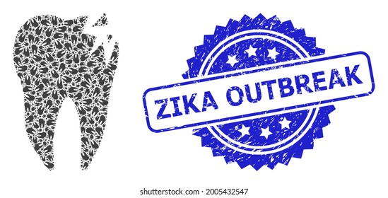 Zika Outbreak dirty stamp and vector recursion mosaic cracked tooth. Blue stamp has Zika Outbreak tag inside rosette. Vector mosaic is formed with recursive rotated cracked tooth items.