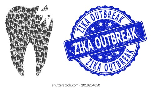 Zika Outbreak rubber round stamp seal and vector fractal collage cracked tooth. Blue stamp seal contains Zika Outbreak text inside round shape.
