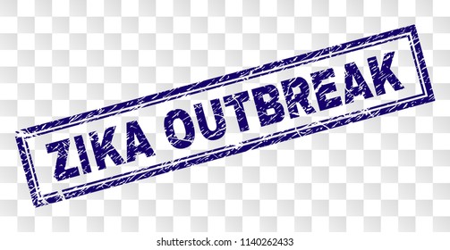 ZIKA OUTBREAK stamp seal print with rubber print style and double framed rectangle shape. Stamp is placed on a transparent background.