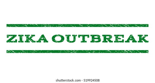Zika Outbreak watermark stamp. Text caption between horizontal parallel lines with grunge design style. Rubber seal stamp with scratched texture. Vector green color ink imprint on a white background.