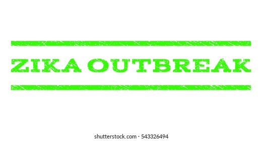 Zika Outbreak watermark stamp. Text tag between horizontal parallel lines with grunge design style. Rubber seal stamp with dirty texture. Vector light green color ink imprint on a white background.