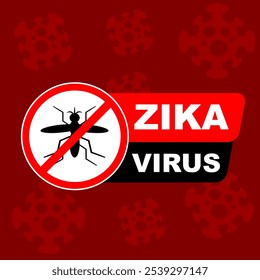 Vector de la etiqueta de alerta del virus del Zika. Detengan las señales de mosquitos que muestran protección contra el virus zika y la Ilustración vectorial por malaria con fondo rojo y de patrón de virus