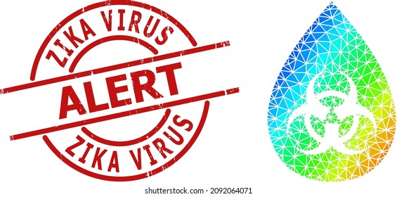 Zika Virus Alert unclean seal and lowpoly spectral colored biohazard drop icon with gradient. Red seal includes ZIKA VIRUS ALERT tag inside round and lines template.