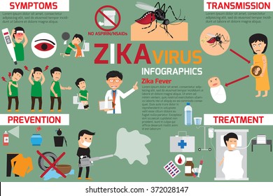 Zika virus fever infographic. Transmission prevention symptoms and treatment. vector illustration.