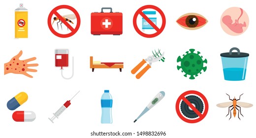 Zika virus icons set. Flat set of zika virus vector icons for web design