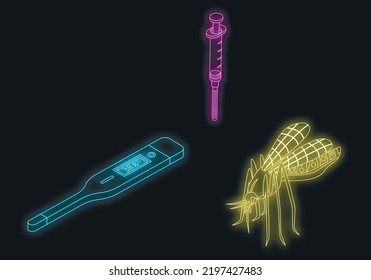 Zika Virus Icons Set. Isometric Set Of Zika Virus Vector Icons Neon Color On Black