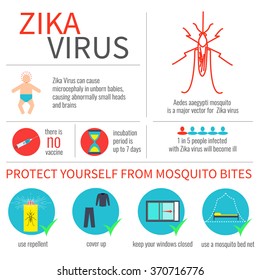 Zika virus infographic elements - prevention, transmission, vaccine, incubation period, microcephaly. Disease design template. Isolated vector illustration.