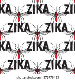 Zika virus malaria alert. Hand drawn black graphic sketch zika virus mosquito on white background. Signaling seamless pattern ideas for informational and institutional sanitation