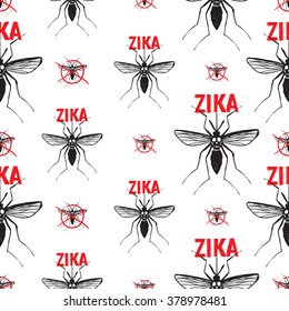 Zika virus malaria alert. Hand drawn black graphic sketch zika mosquito stop mosquito, mosquito anopheles on white background. Signaling seamless pattern for informational and institutional sanitation