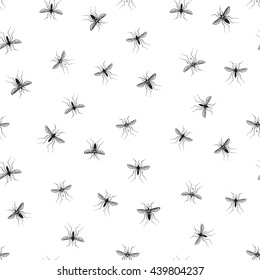 Zika virus malaria alert. Hand drawn black graphic sketch infected mosquito on white background. Signaling seamless pattern ideas for informational and institutional sanitation