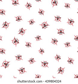 Zika virus malaria alert. Hand drawn black graphic sketch stop mosquito on white background. Signaling seamless pattern ideas for informational and institutional sanitation